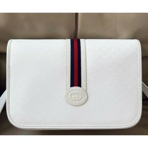 Authentic Vintage Gucci Web White Monogram Canvas Leather Flap Messenger Bag